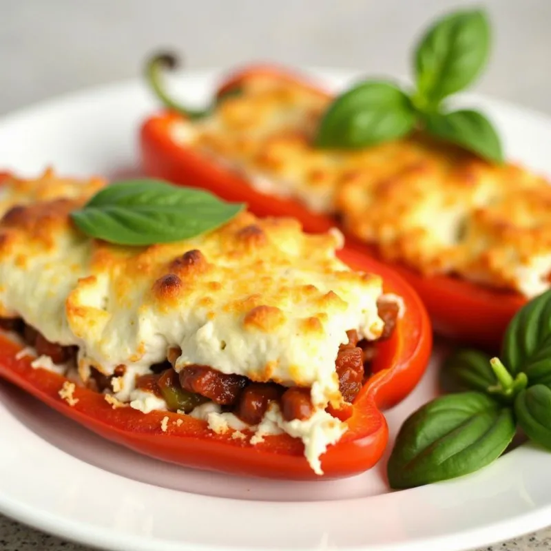 The final dish of vibrant vegan Italian stuffed peppers, baked to perfection with melted vegan ricotta cheese and garnished with fresh basil, is served on a plate.