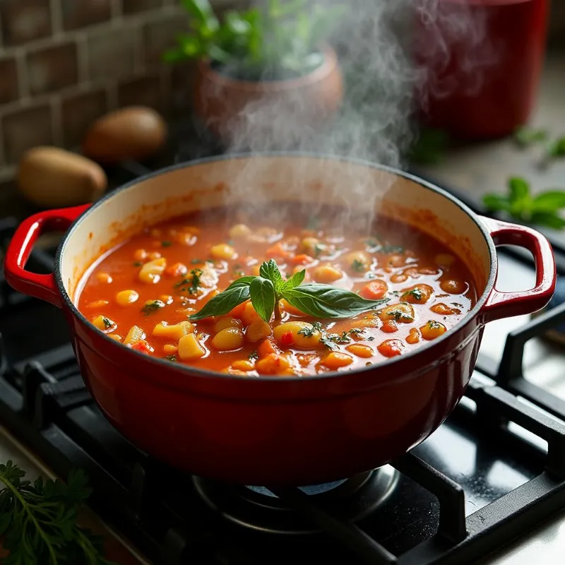 A pot of simmering vegan Italian wedding soup.