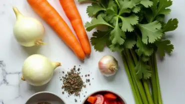 A colorful array of fresh vegetables, herbs, and spices for vegan Italian wedding soup.