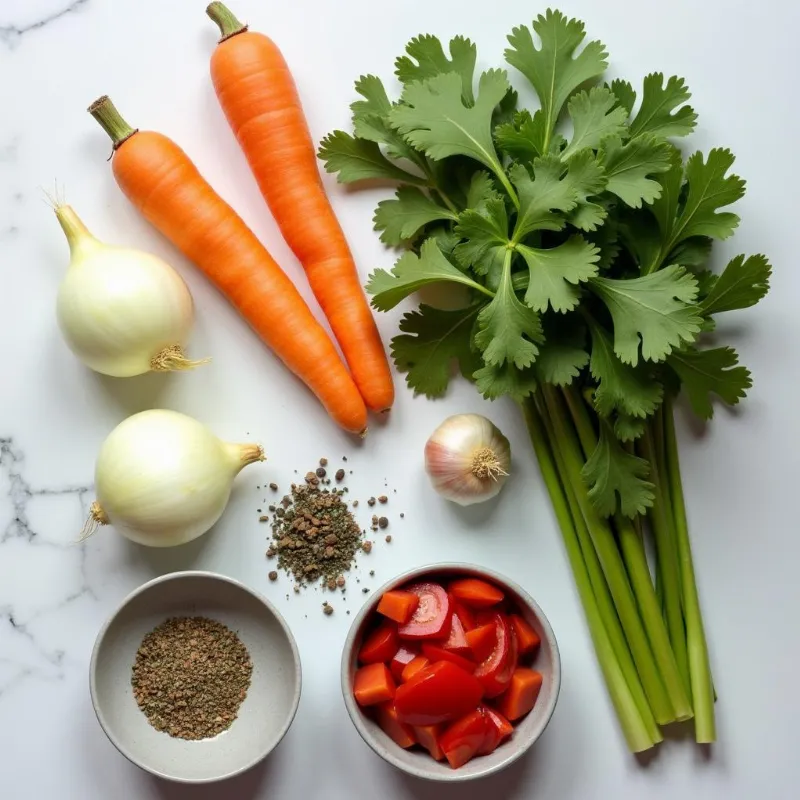 A colorful array of fresh vegetables, herbs, and spices for vegan Italian wedding soup.