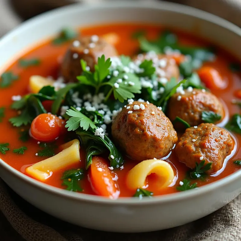 A bowl of comforting vegan Italian wedding soup, garnished with fresh parsley.