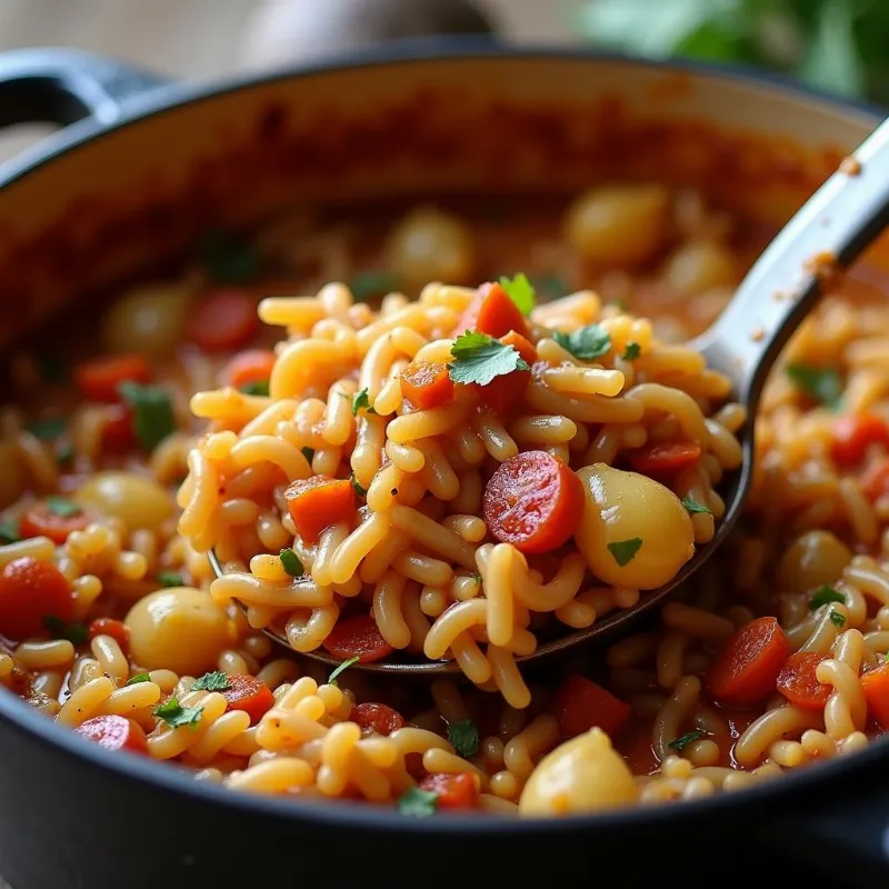 A steaming pot of vegan jambalaya, garnished with fresh parsley and served with a side of crusty bread.