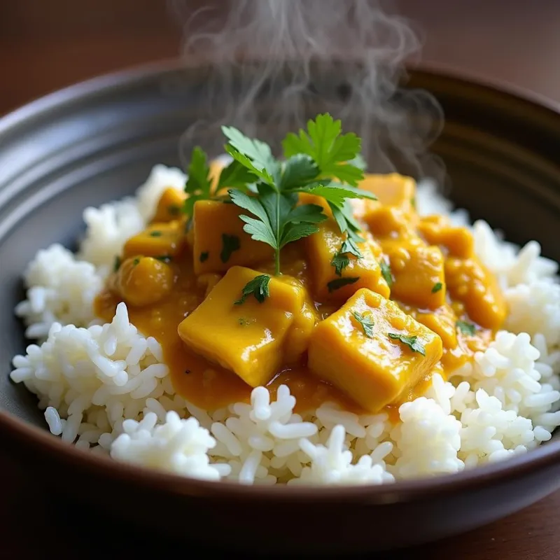 A steaming bowl of vegan Japanese curry served with rice