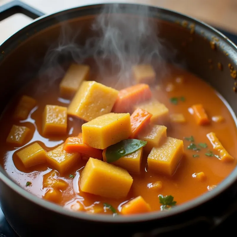 A pot of vegan Japanese curry simmering on the stove