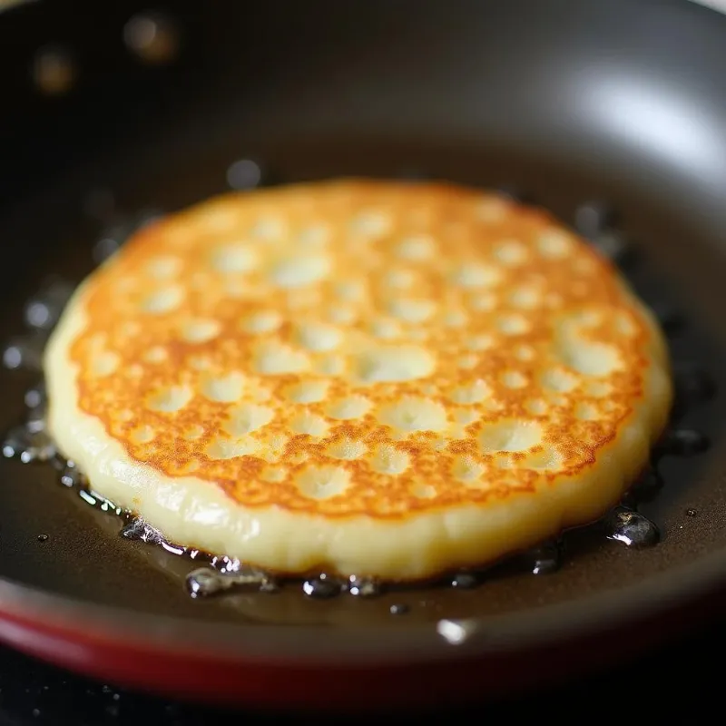 A close-up view of a golden-brown pancake frying in a pan, with small bubbles forming on the surface