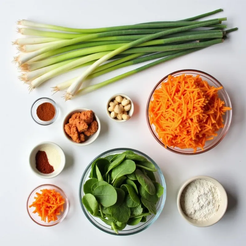 A flat lay of various fresh vegetables and spices arranged on a table