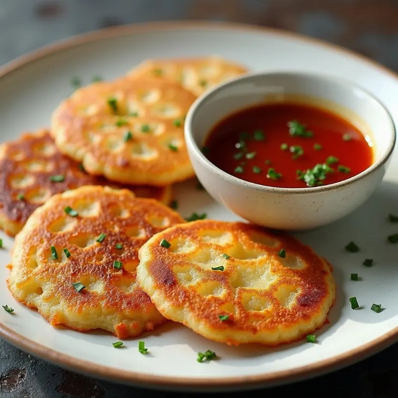 A plate of crispy vegan Korean pancakes served with a small bowl of vibrant dipping sauce