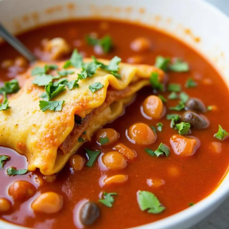 A steaming bowl of vegan lasagna soup ready to enjoy