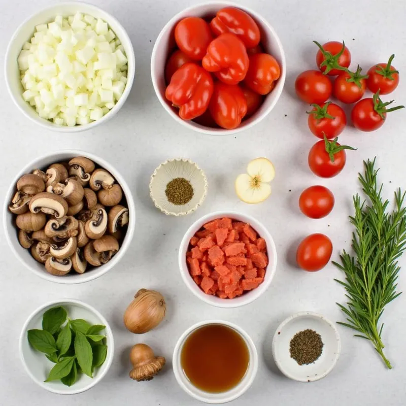 A colorful spread of vegan lasagna soup ingredients