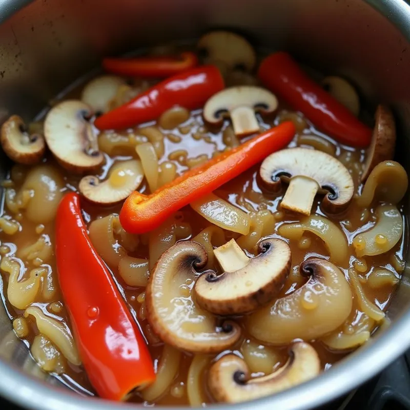 A pot of sauteed vegetables for vegan lasagna soup