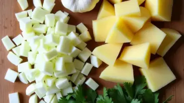 Freshly chopped leeks, potatoes, garlic, and herbs on a wooden cutting board.