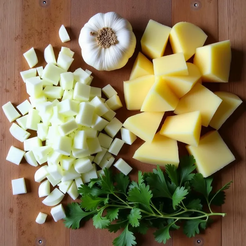 Freshly chopped leeks, potatoes, garlic, and herbs on a wooden cutting board.