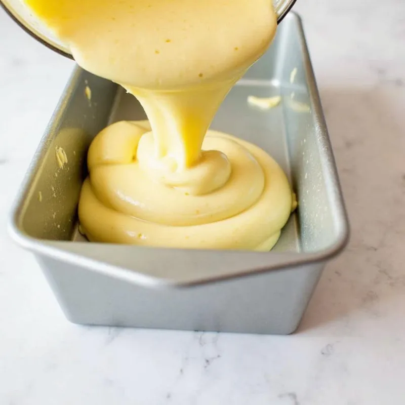 Vegan lemon blueberry cake batter poured into a loaf pan, ready for baking