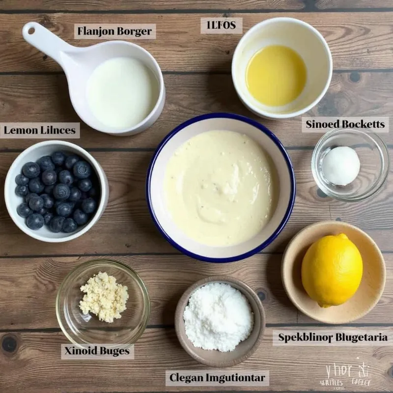 Vegan lemon blueberry cake ingredients arranged on a table