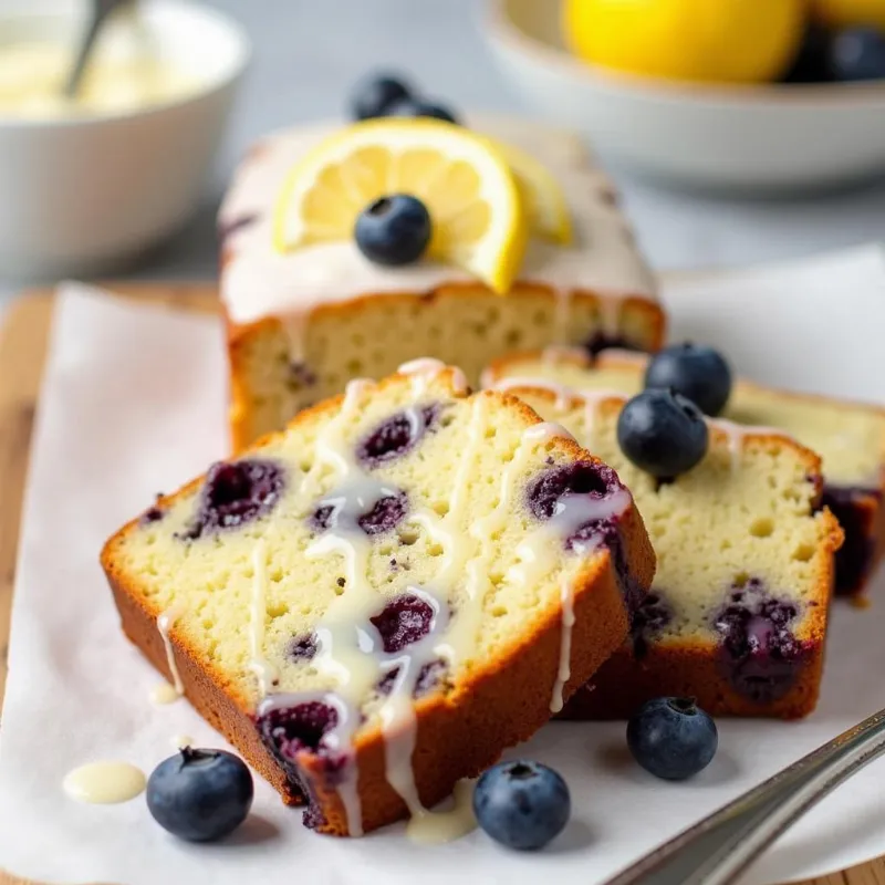 Sliced vegan lemon blueberry cake with lemon glaze drizzled on top