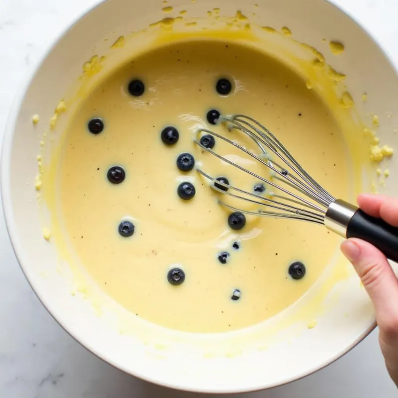 Mixing batter for vegan lemon blueberry loaf