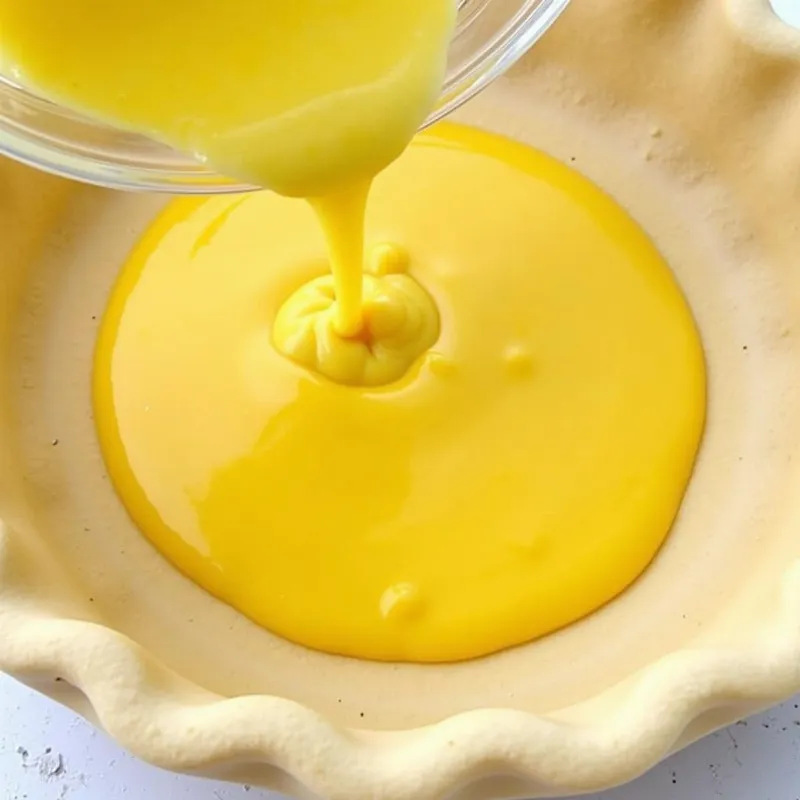 Pouring vegan lemon filling into pie crust.