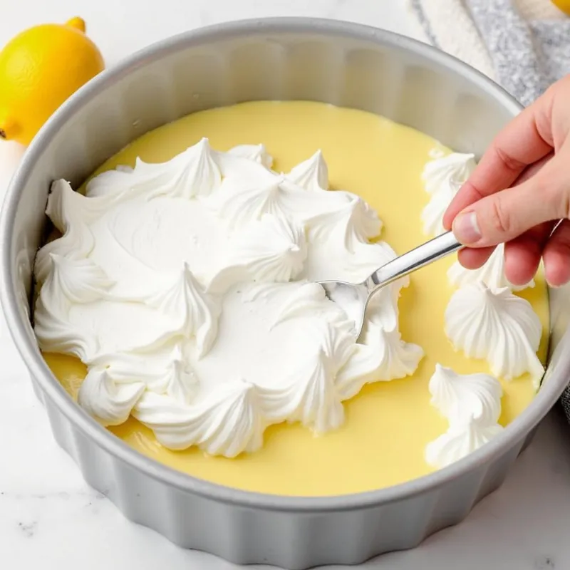 Spreading vegan meringue on lemon pie.