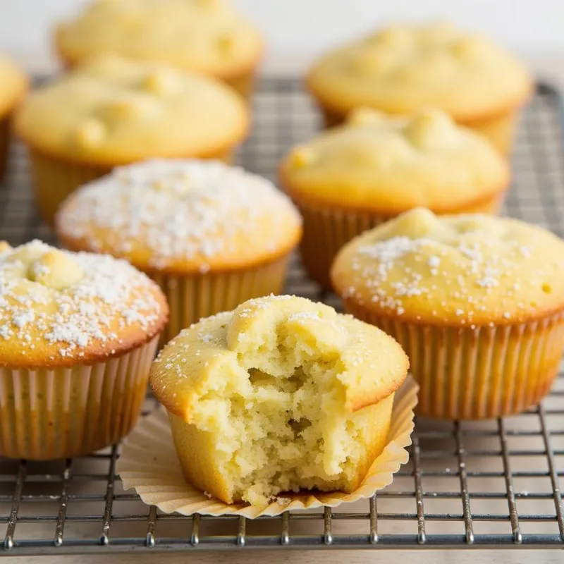 Freshly baked vegan lemon poppy seed muffins cooling on a wire rack