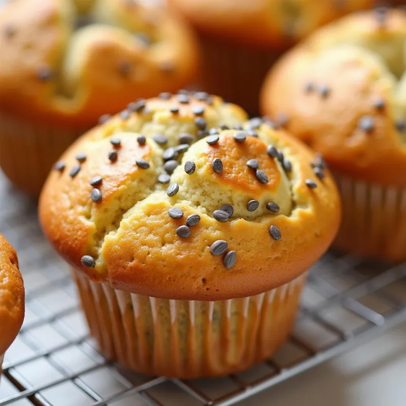 A batch of freshly baked vegan lemon poppy seed muffins cooling on a wire rack.