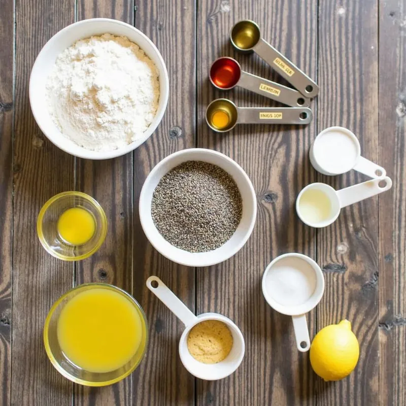 Ingredients for vegan lemon poppy seed muffins arranged on a table