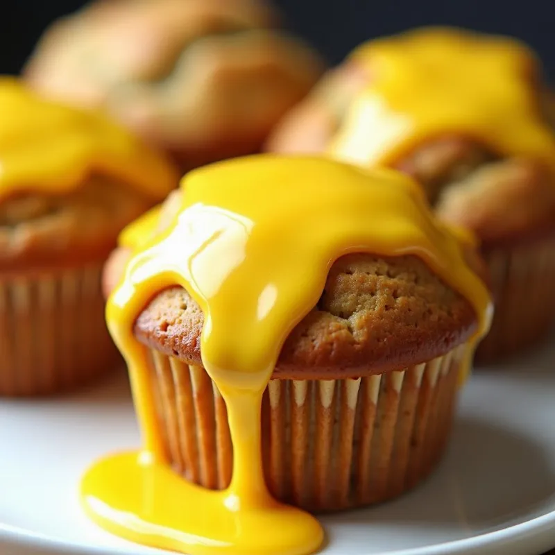 A close-up shot of vegan lemon poppy seed muffins drizzled with a luscious lemon glaze.