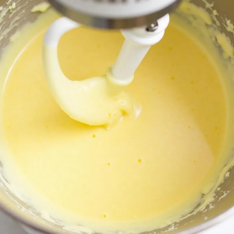 Smooth, light yellow batter in a bowl, ready to be poured into a loaf pan.