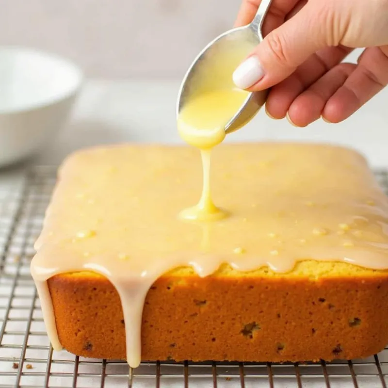 Vegan lemon pound cake being drizzled with glaze