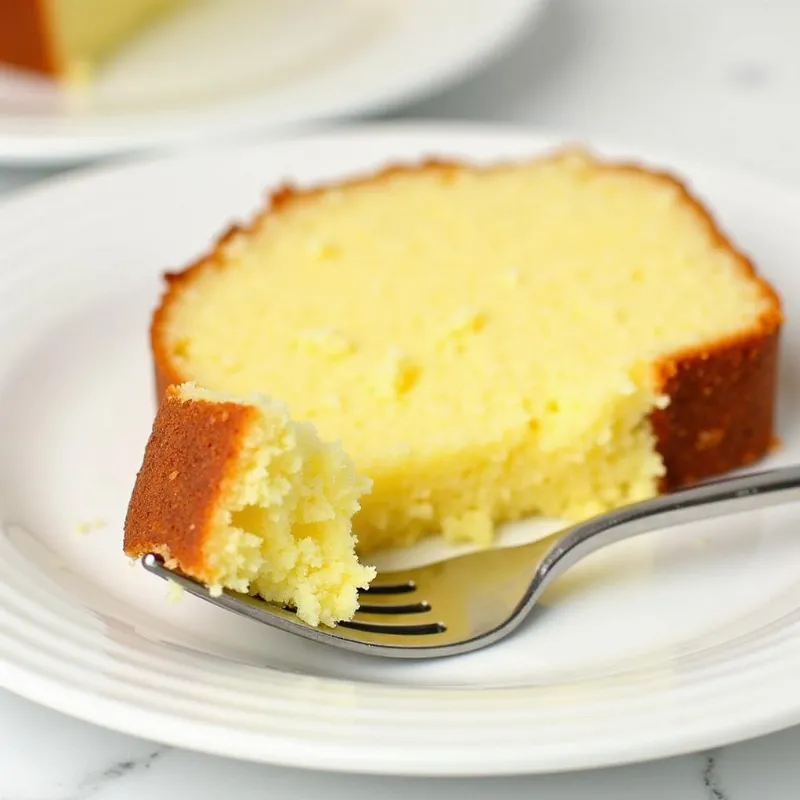 Slice of vegan lemon pound cake on a plate with a fork