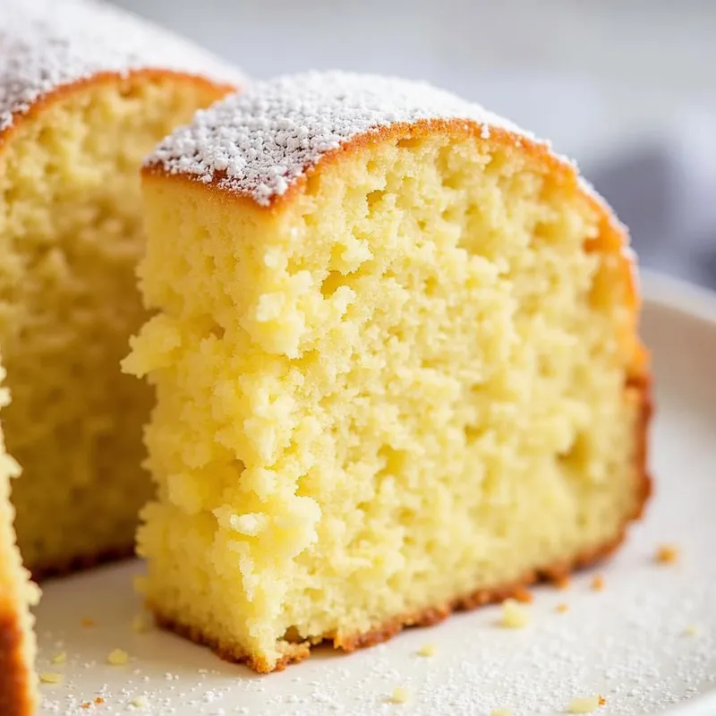 A slice of moist vegan lemon pound cake on a plate.