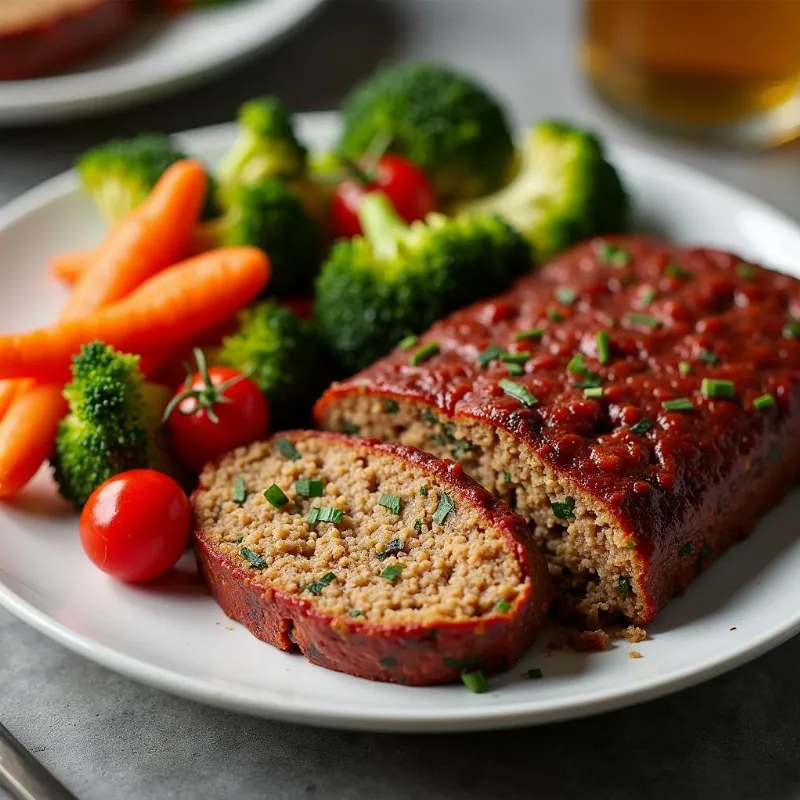 A slice of vegan lentil meatloaf on a plate with a side of vegetables