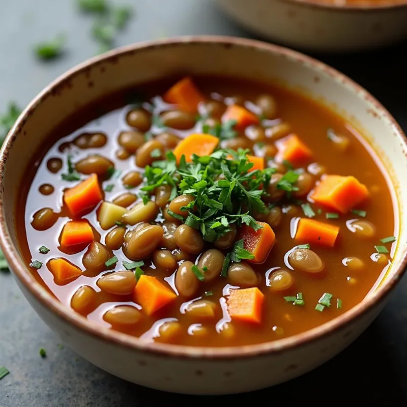 Steaming bowl of hearty vegan lentil soup