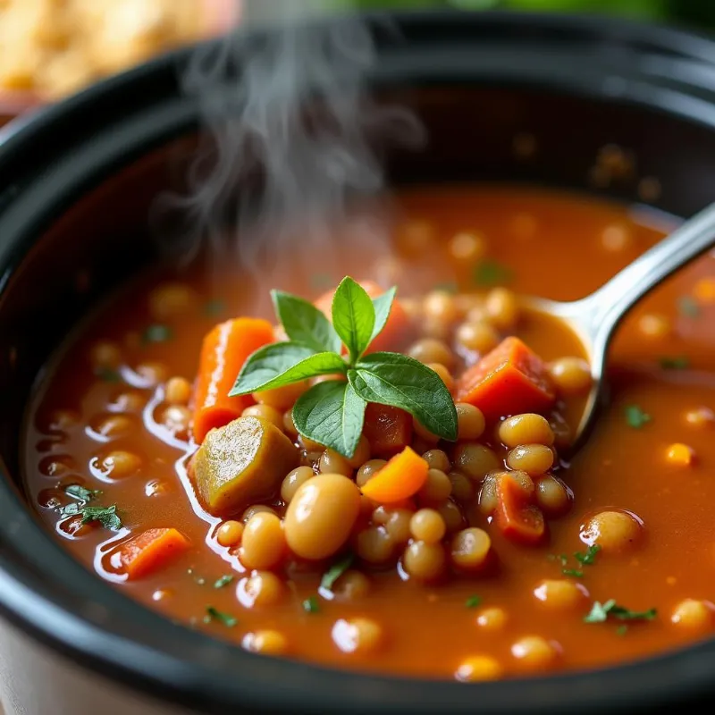 Steaming bowl of vegan lentil soup in a crockpot