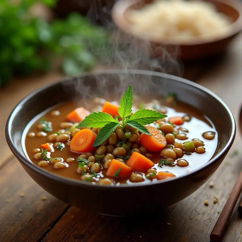 A bowl of vegan lentil soup topped with fresh herbs