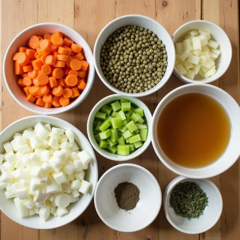 Ingredients for hearty vegan lentil soup arranged on a table