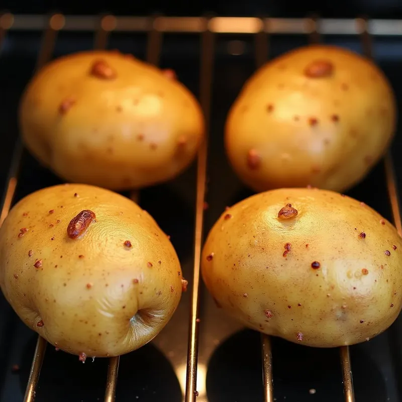 Perfectly baked potatoes on an oven rack