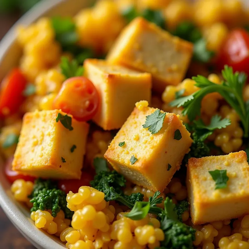 Close-up of a pan with a serving of vegan tofu scramble