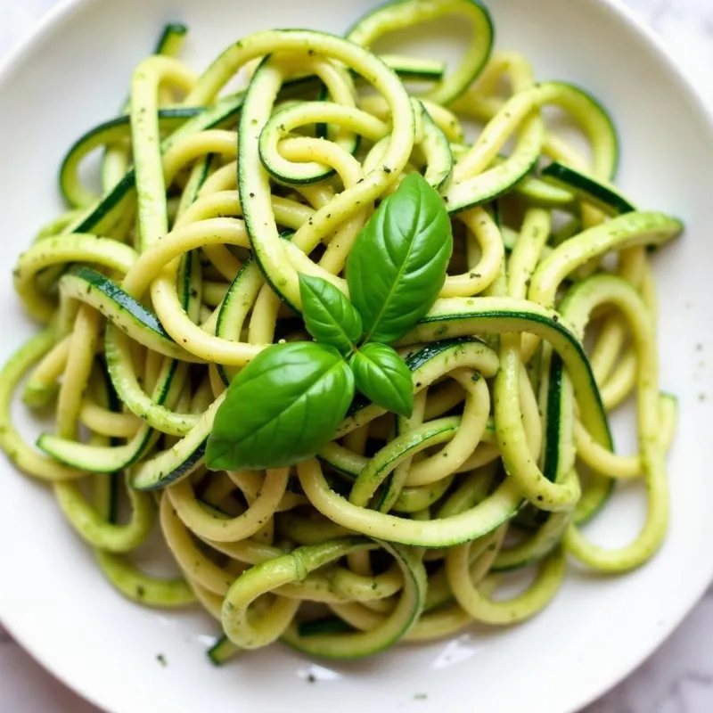 Plate of vegan zucchini noodles with avocado pesto