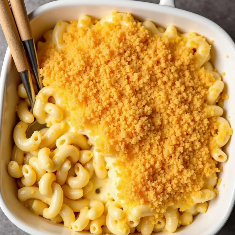 Creamy vegan mac and cheese in a baking dish, topped with breadcrumbs.