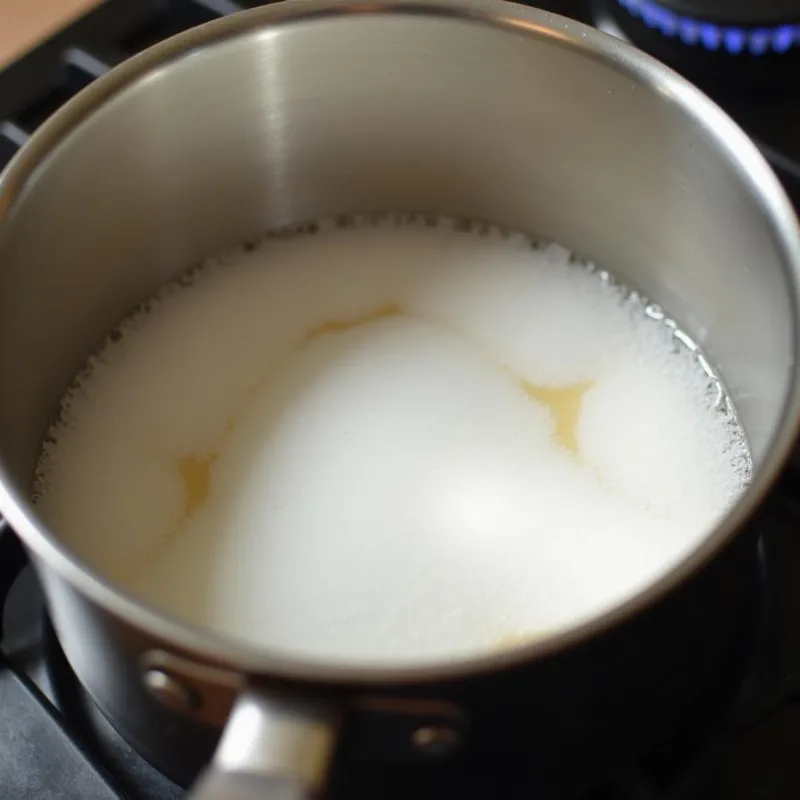 Close-up shot of sugar dissolving in a saucepan to make vegan marshmallow syrup.