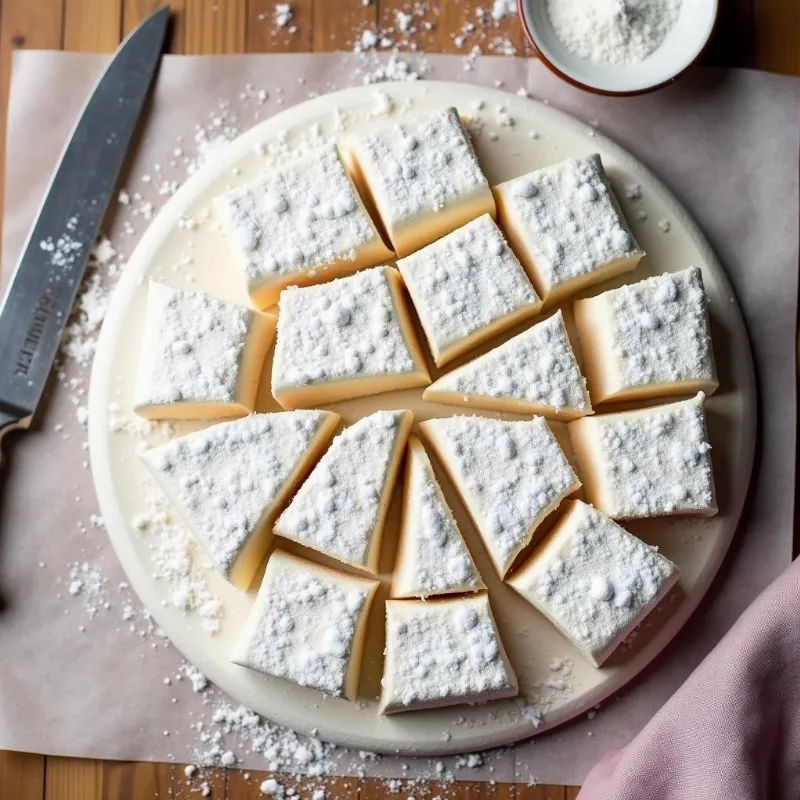 Freshly cut vegan marshmallows covered in powdered sugar.