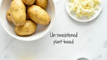 Vegan mashed potatoes ingredients laid out on a counter.