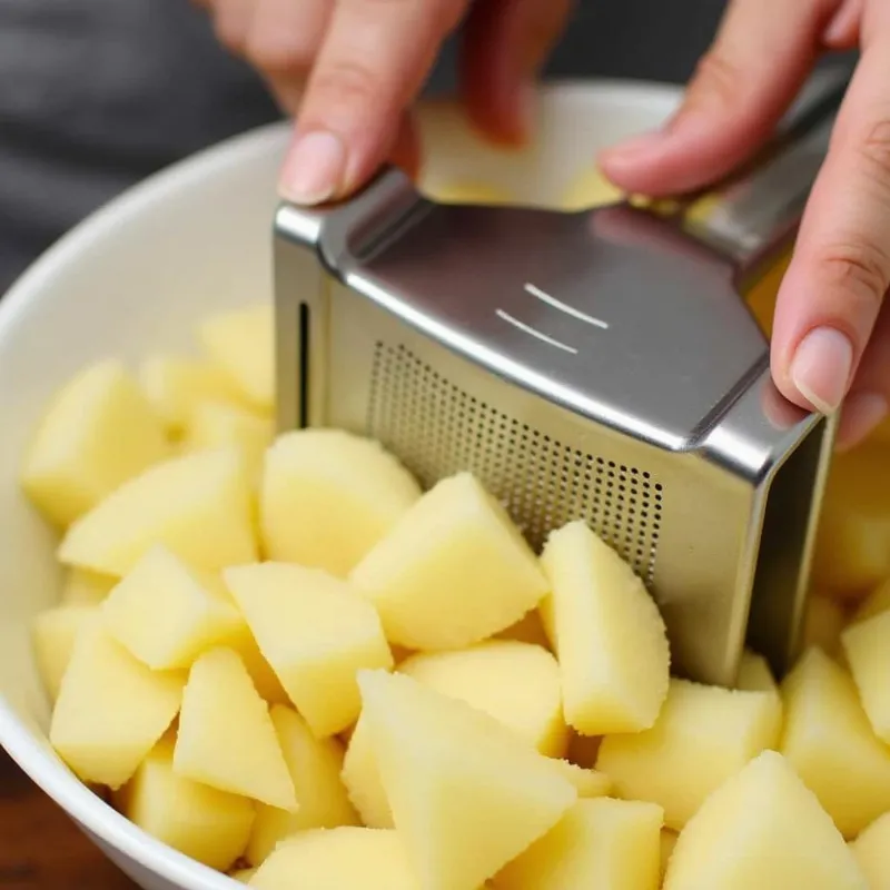 A person using a potato masher to mash cooked potatoes in a pot.