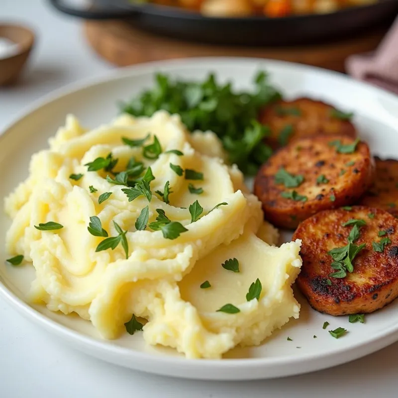 A bowl of creamy vegan mashed potatoes garnished with fresh herbs, served alongside a vegan main course.