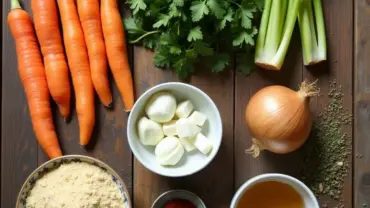 Vegan matzo ball soup ingredients laid out on a table