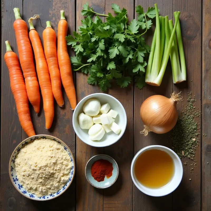 Vegan matzo ball soup ingredients laid out on a table