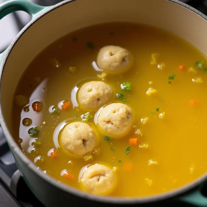 Vegan matzo ball soup simmering in a pot