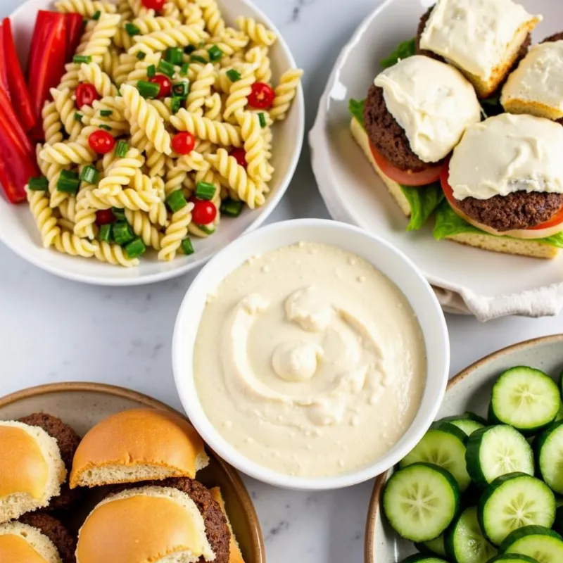 Vegan mayonnaise served with various dishes