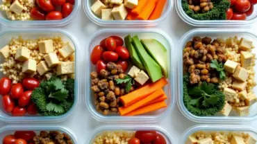 Vegan meal prep containers filled with colorful, healthy food