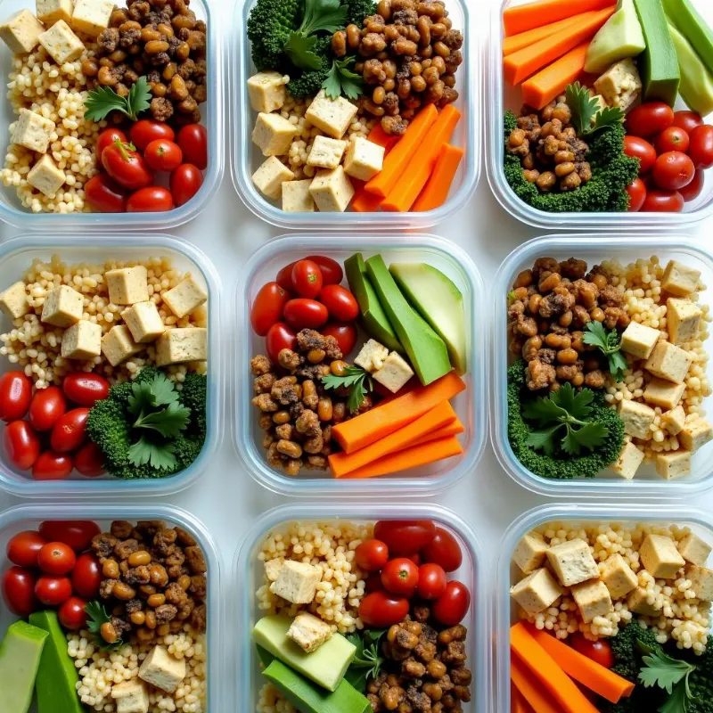 Vegan meal prep containers filled with colorful, healthy food